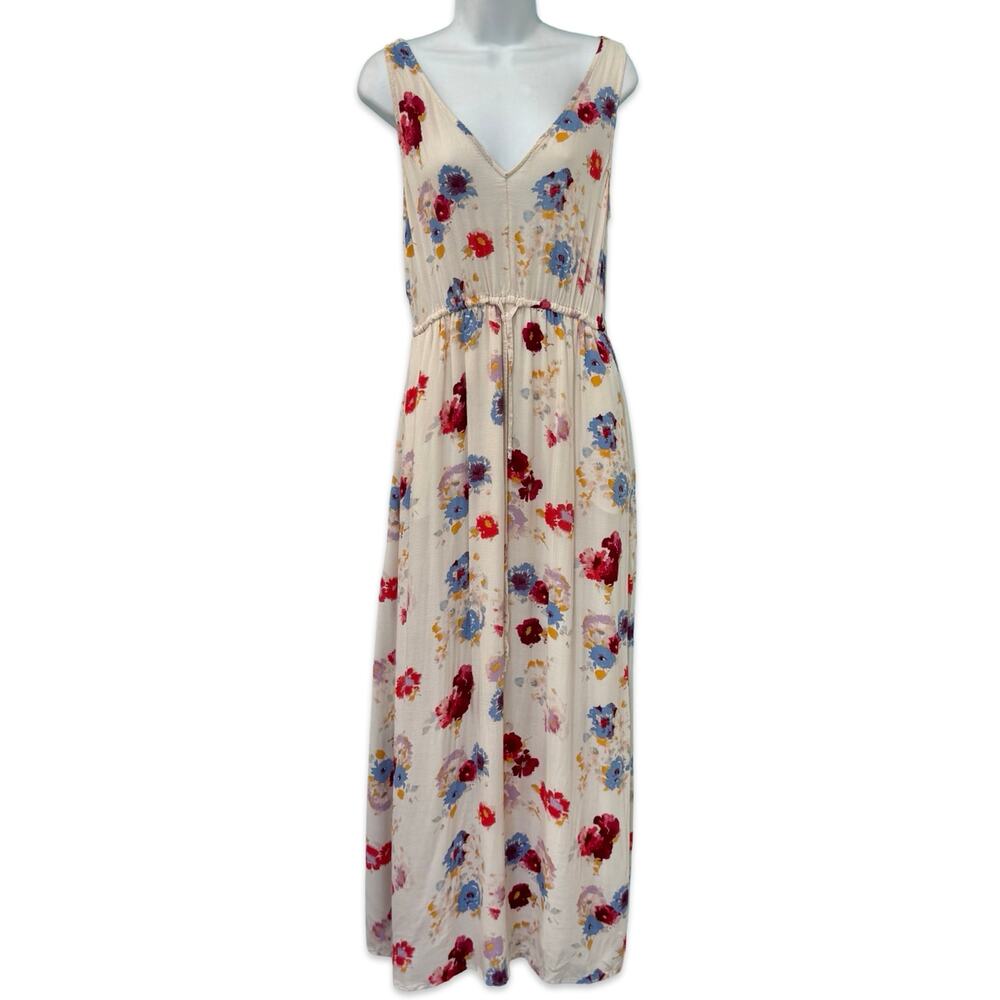 Lucky Brand Ivory Red Blue Floral Sleeveless Tie Waist V-Neck Maxi Dress size S - Picture 2 of 11